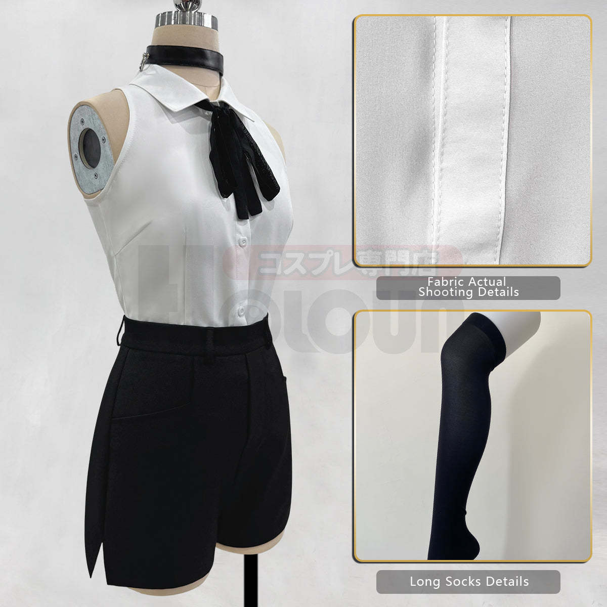 HOLOUN Chainsaw Anime Reze Cosplay Costume Wig White Shirt Black Shorts Choker Tie Halloween Christmas Convention Rose Net