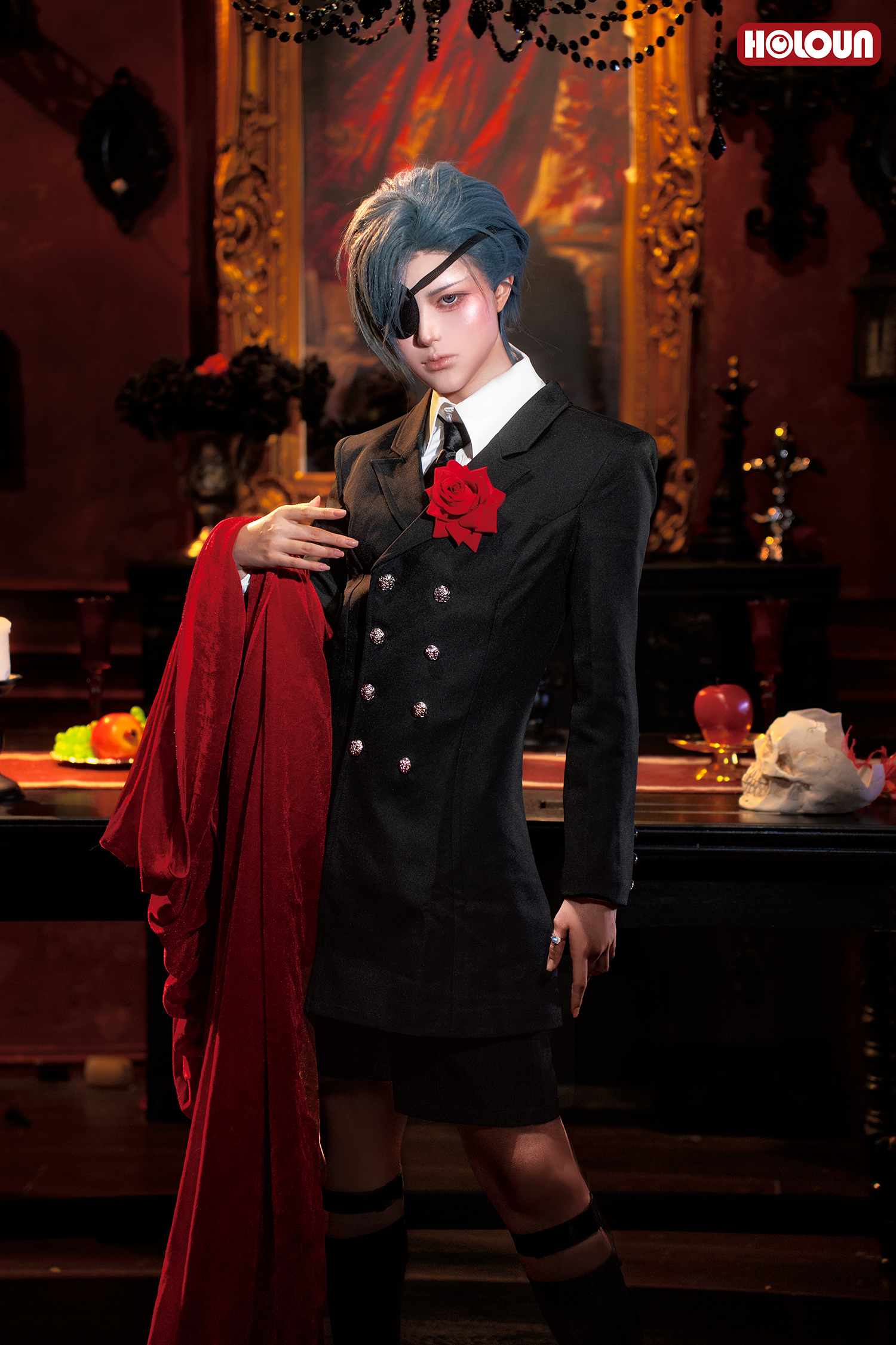 HOLOUN Anime Ciel Phantomhive Cosplay Costume Funeral Outfit Double-breasted Blazer Coat Eye Mask Convention Halloween