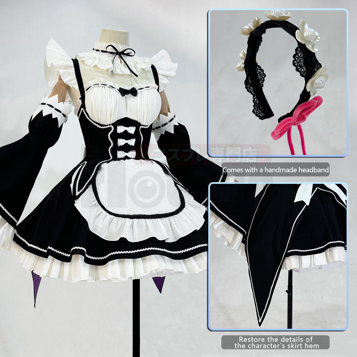 HOLOUN Anime Rem Cosplay Costume Wig Lolita Maid Dress Black White Halloween Christmas