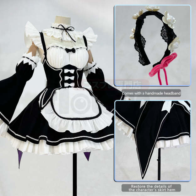 HOLOUN Anime Rem Cosplay Costume Wig Lolita Maid Dress Black White Halloween Christmas