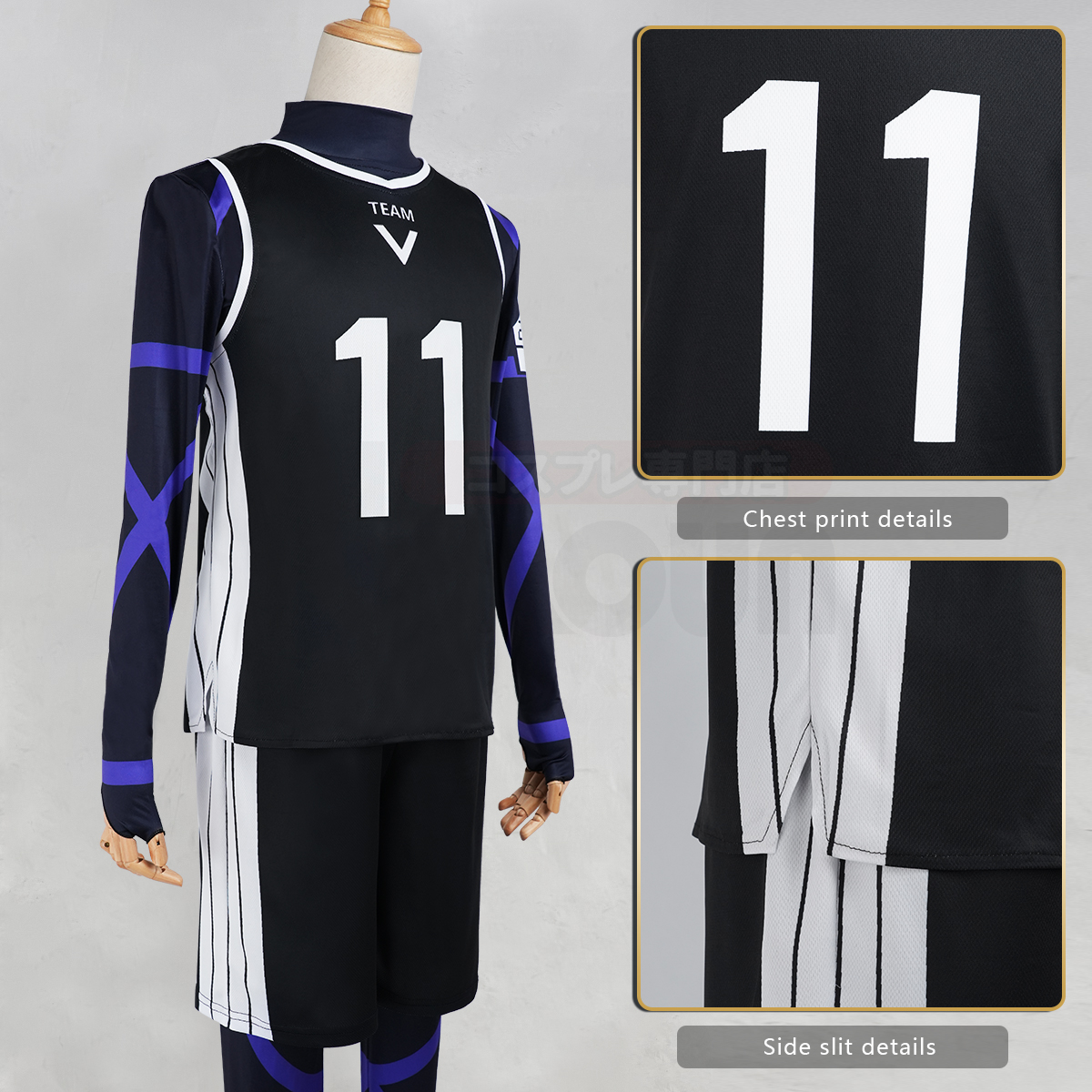 HOLOUN Blue Lock Anime Nagi Cosplay Costume Wig Jersey No.11 Black T-shirt Football Soccer Training Uniform Halloween Christmas