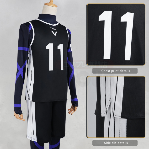 HOLOUN Blue Lock Anime Nagi Cosplay Costume Wig Jersey No.11 Black T-shirt Football Soccer Training Uniform Halloween Christmas