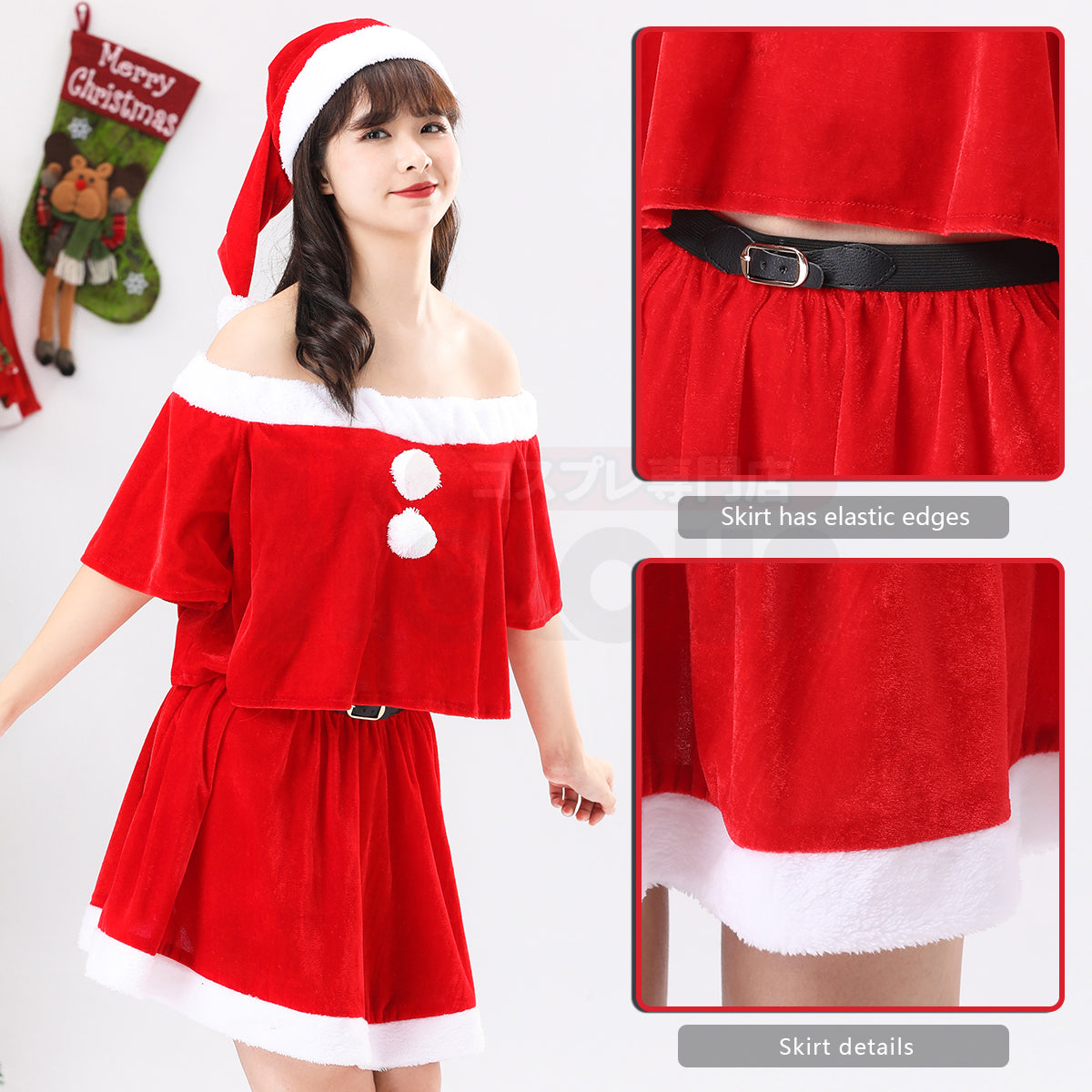 HOLOUN Christmas Costume Women Girl Red Velvet Skirt 32-42CM Hat Top Santa Claus Xmas Winter Party In Stock