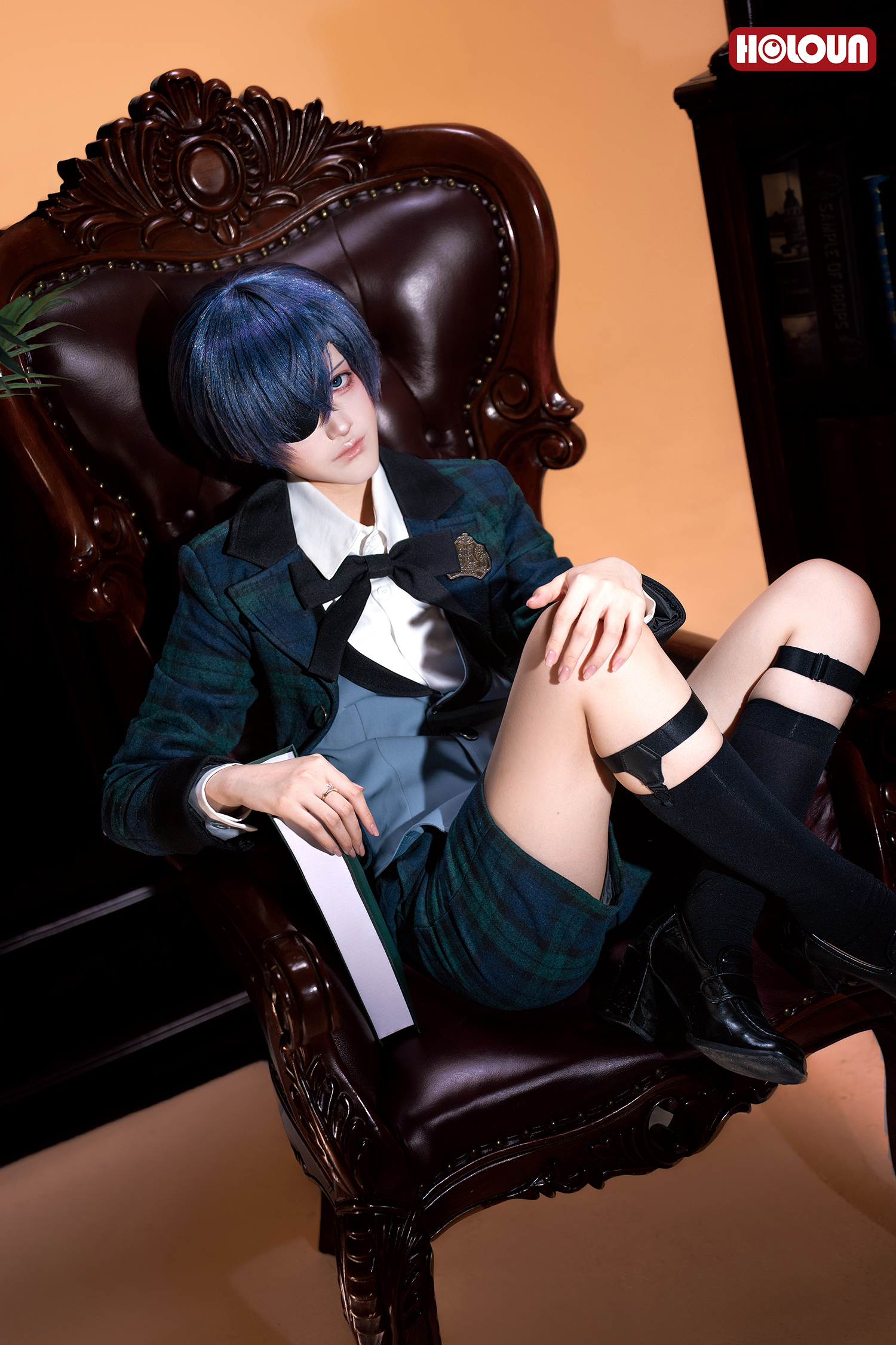 HOLOUN Anime Ciel Phantomhive Cosplay Costume Green Plaid Tailcoat Vest Shorts Shirt Bow Tie Eye Mask Convention Halloween