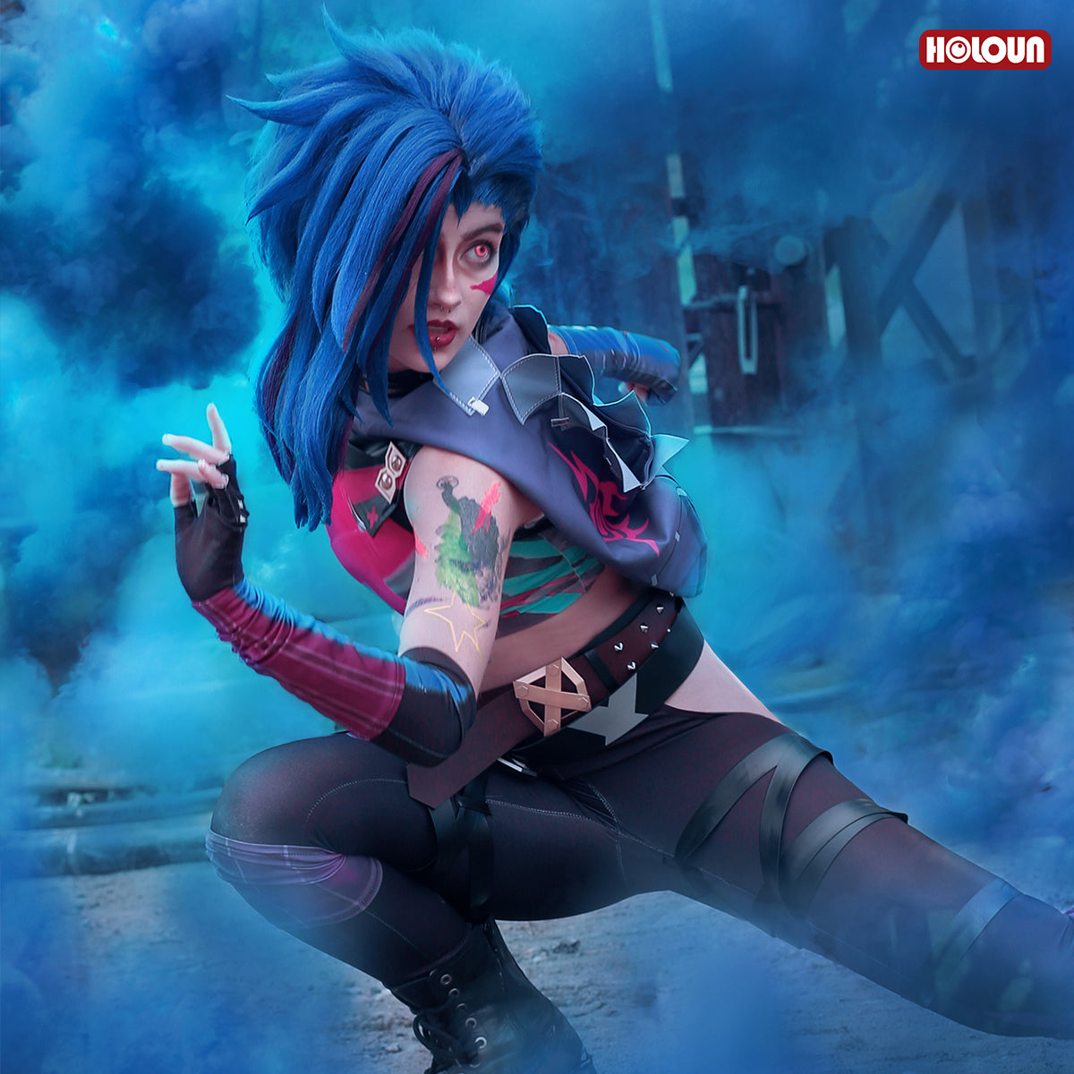 HOLOUN LOL Game Jinx Cosplay Costume Wig Scrawl Vest Pants Hat Qutfit Halloween Christmas Gift Cos Convention