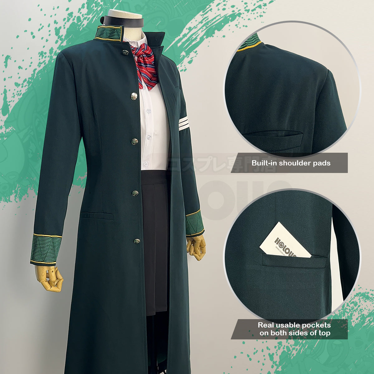 HOLOUN Wind Breaker Anime Tasuku Tsubakino Cosplay Costume Green Long Trench Coat Uniform Skirt White Shirt Choker Tie Bow-knot