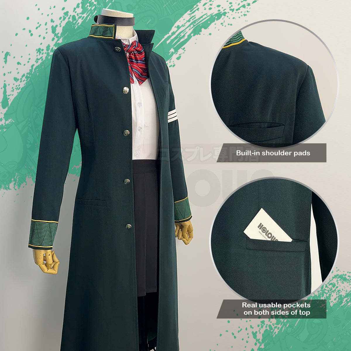 HOLOUN Wind Breaker Anime Tasuku Tsubakino Cosplay Costume Green Long Trench Coat Uniform Skirt White Shirt Choker Tie Bow-knot