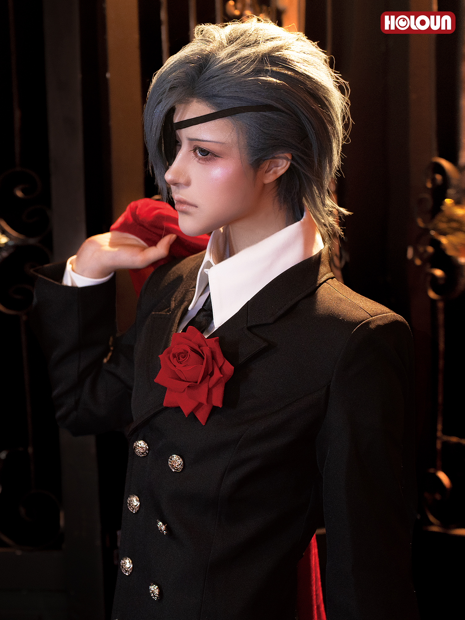HOLOUN Anime Ciel Phantomhive Cosplay Costume Funeral Outfit Double-breasted Blazer Coat Eye Mask Convention Halloween