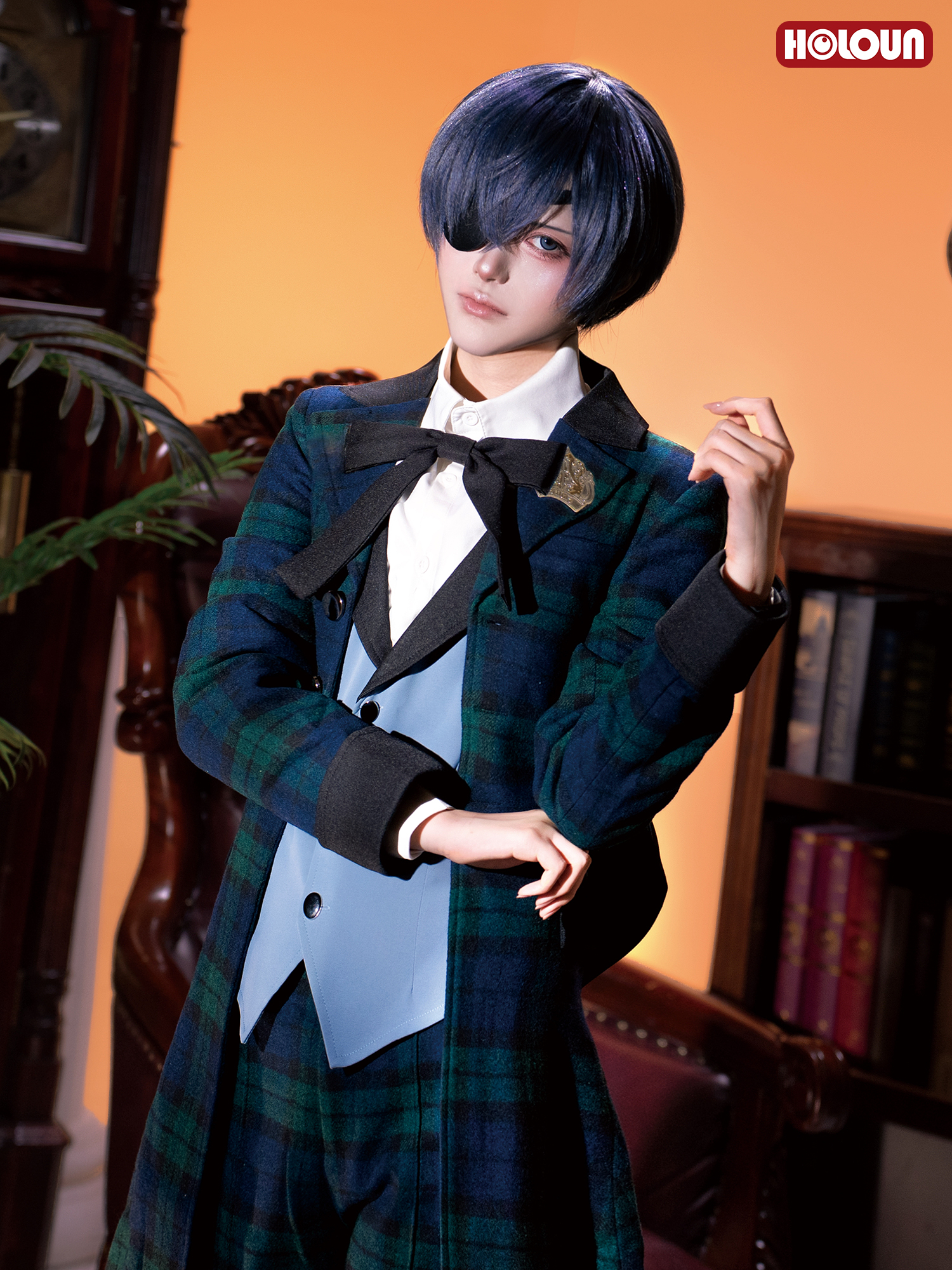 HOLOUN Anime Ciel Phantomhive Cosplay Costume Green Plaid Tailcoat Vest Shorts Shirt Bow Tie Eye Mask Convention Halloween