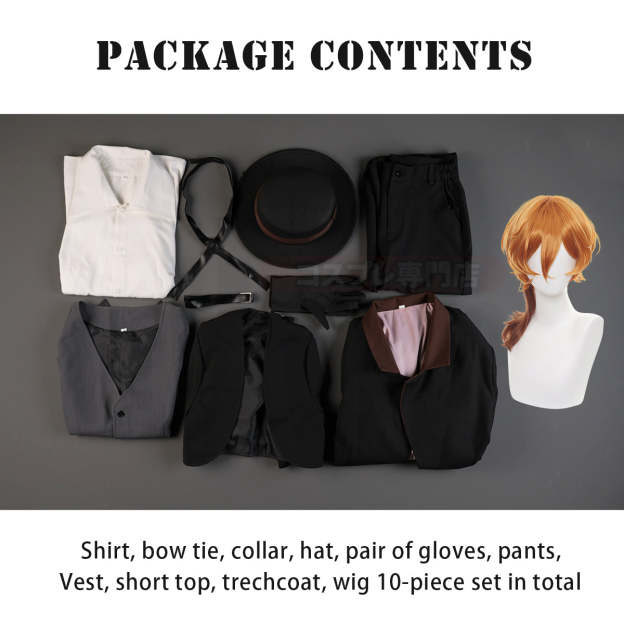 HOLOUN Bungo Anime Nakahara Chuuya Cosplay Costume Wig Oversize Lining Coat Elastic Pants Shirt Vest Hat Gloves Choker Daily Wearing