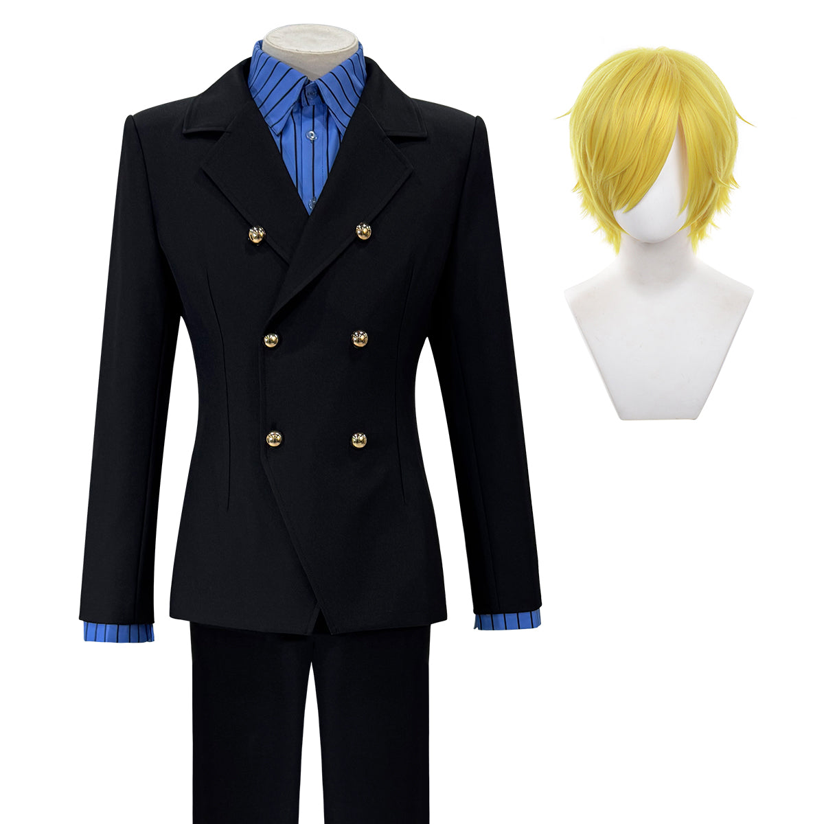 HOLOUN ONE Anime Sanji Cosplay Costume Wig Black Double-Breasted Suit Pants Blue Shirt Daily Wear Cos Convention