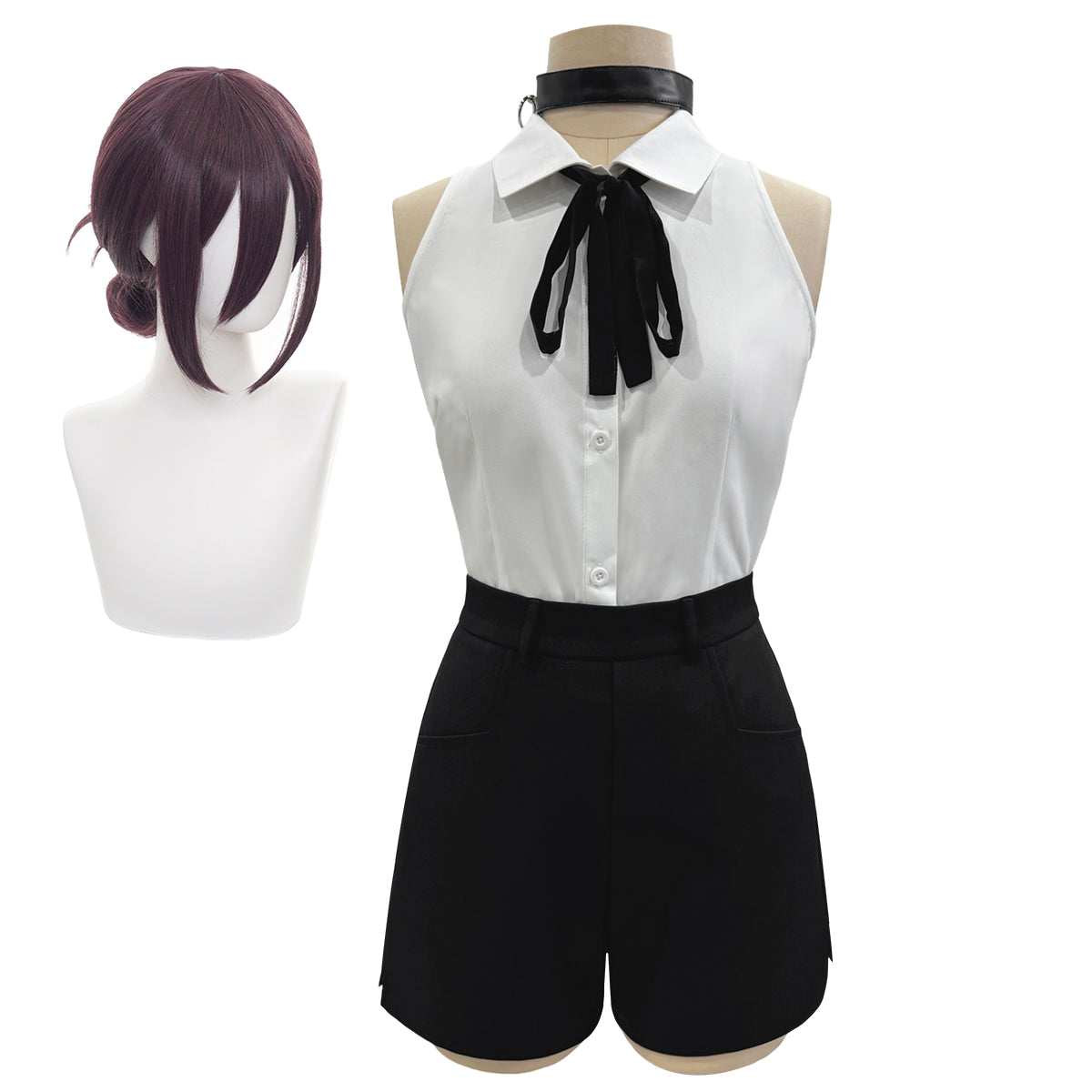 HOLOUN Chainsaw Anime Reze Cosplay Costume Wig White Shirt Black Shorts Choker Tie Halloween Christmas Convention Rose Net