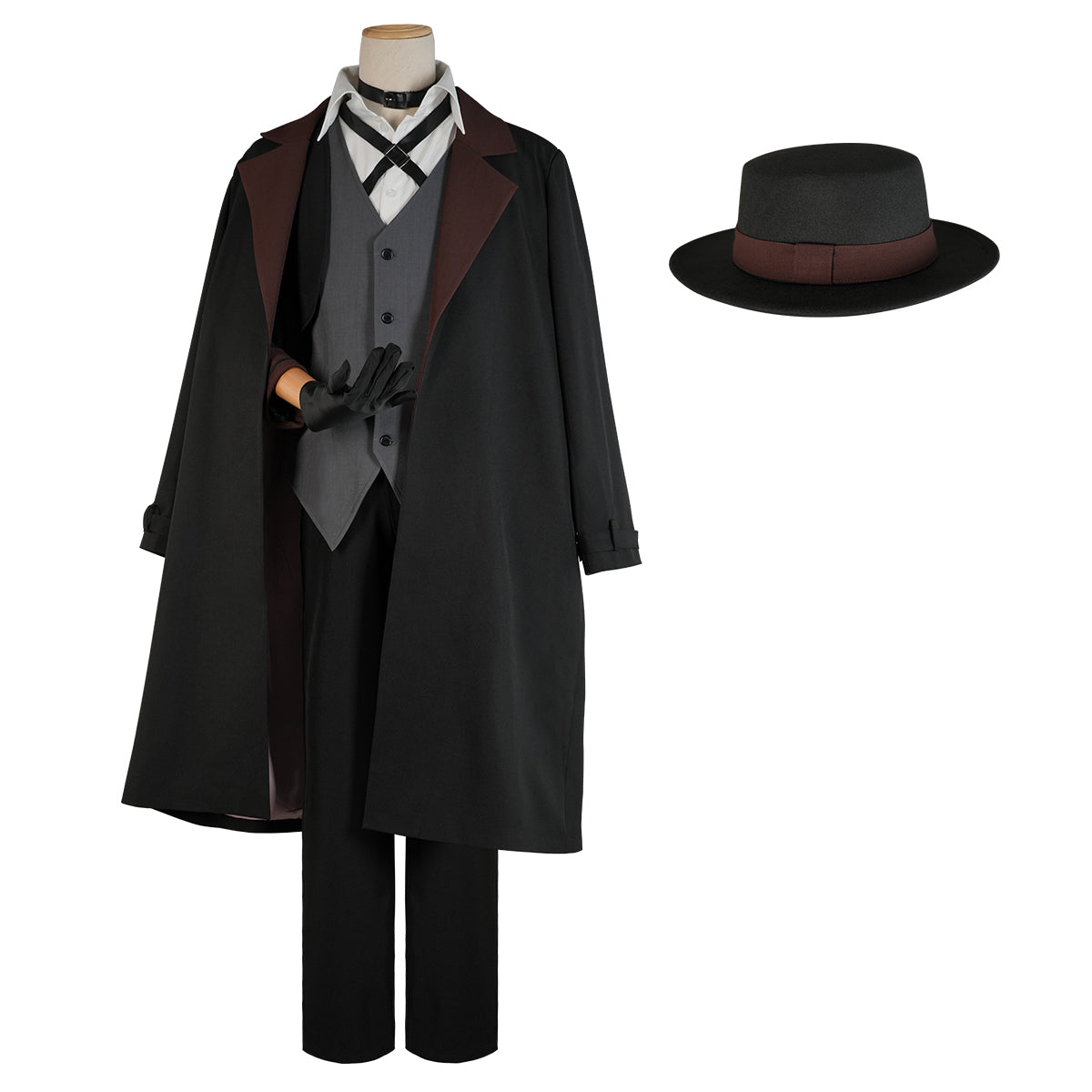 HOLOUN Bungo Anime Nakahara Chuuya Cosplay Costume Wig Oversize Lining Coat Elastic Pants Shirt Vest Hat Gloves Choker Daily Wearing