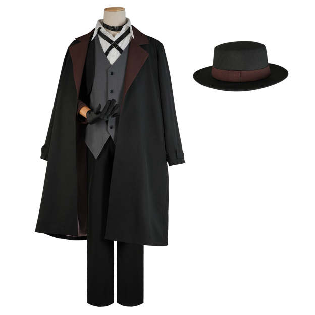 HOLOUN Bungo Anime Nakahara Chuuya Cosplay Costume Wig Oversize Lining Coat Elastic Pants Shirt Vest Hat Gloves Choker Daily Wearing