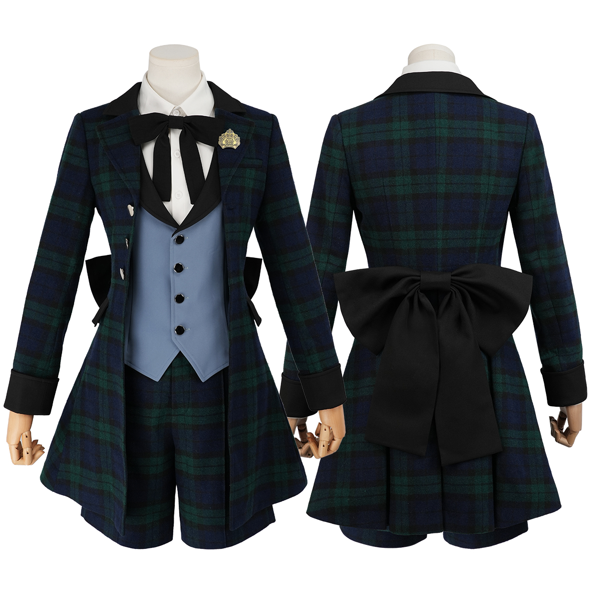 Pre-sale HOLOUN Anime Ciel Phantomhive Cosplay Costume Green Plaid Tailcoat Vest Shorts Shirt Bow Tie Eye Mask Convention Halloween