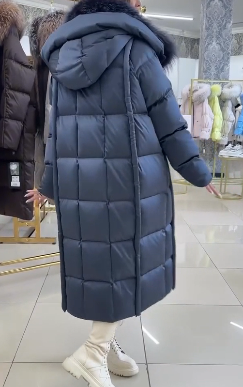 Long check hooded coat