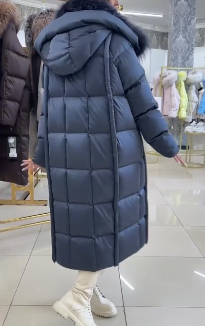 Long check hooded coat