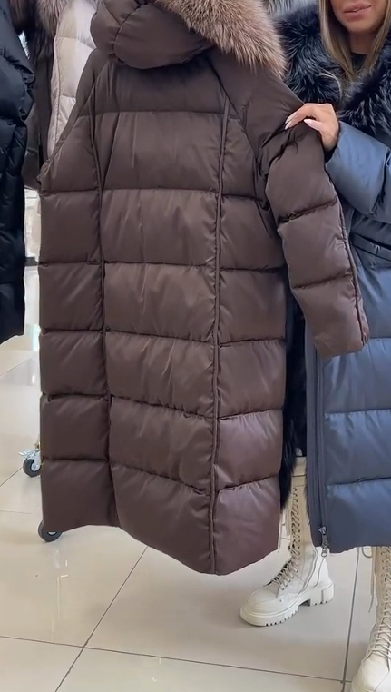 Long check hooded coat