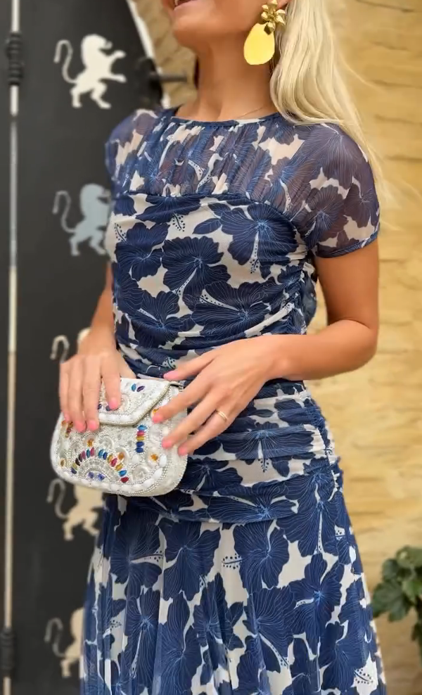 Blue and white floral print chiffon long skirt
