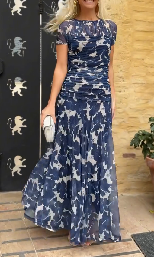 Blue and white floral print chiffon long skirt