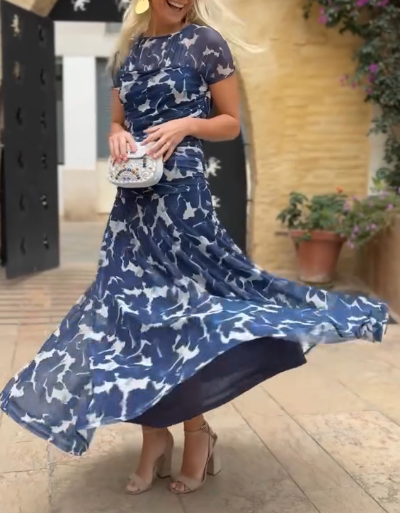 Blue and white floral print chiffon long skirt