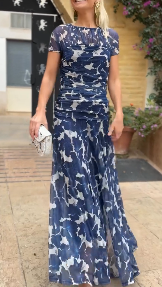 Blue and white floral print chiffon long skirt