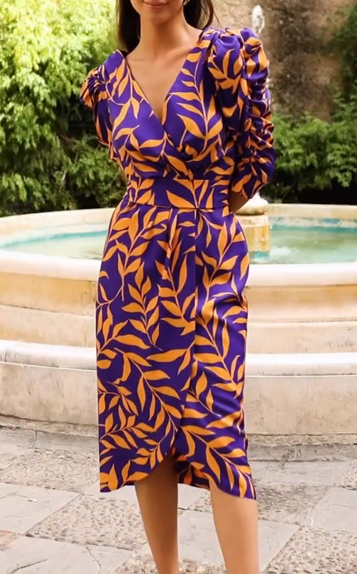 Purple and Orange Leaf Wrap Dress
