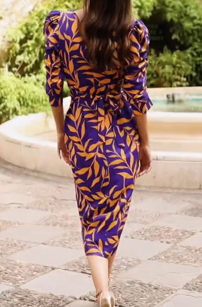 Purple and Orange Leaf Wrap Dress