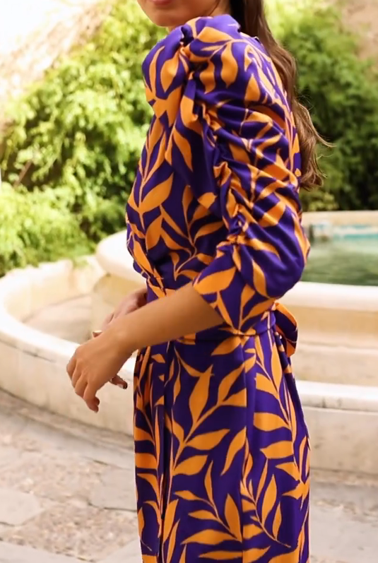 Purple and Orange Leaf Wrap Dress