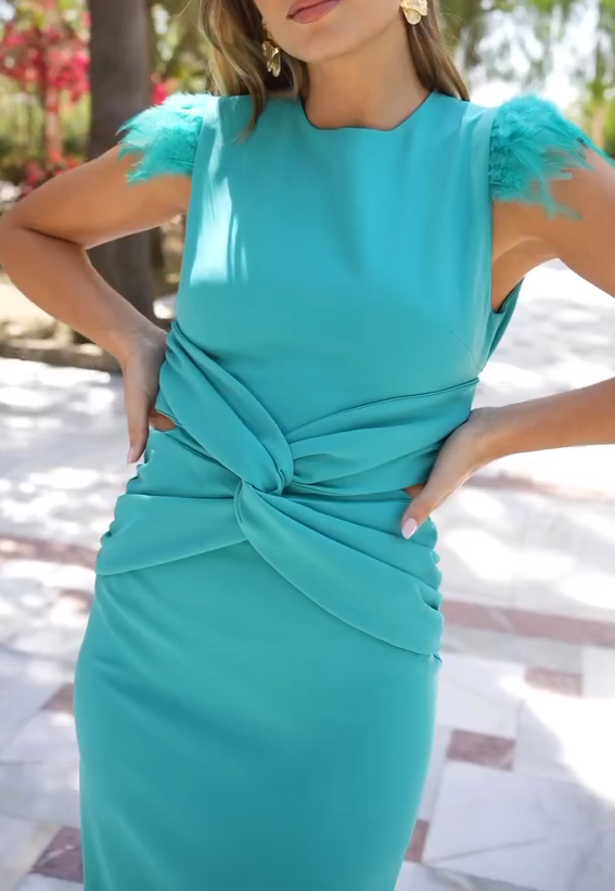 Peacock blue feather hollow dress