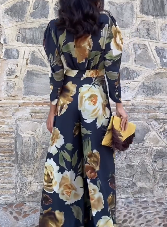 Dark-Based Large Floral Print Jumpsuit