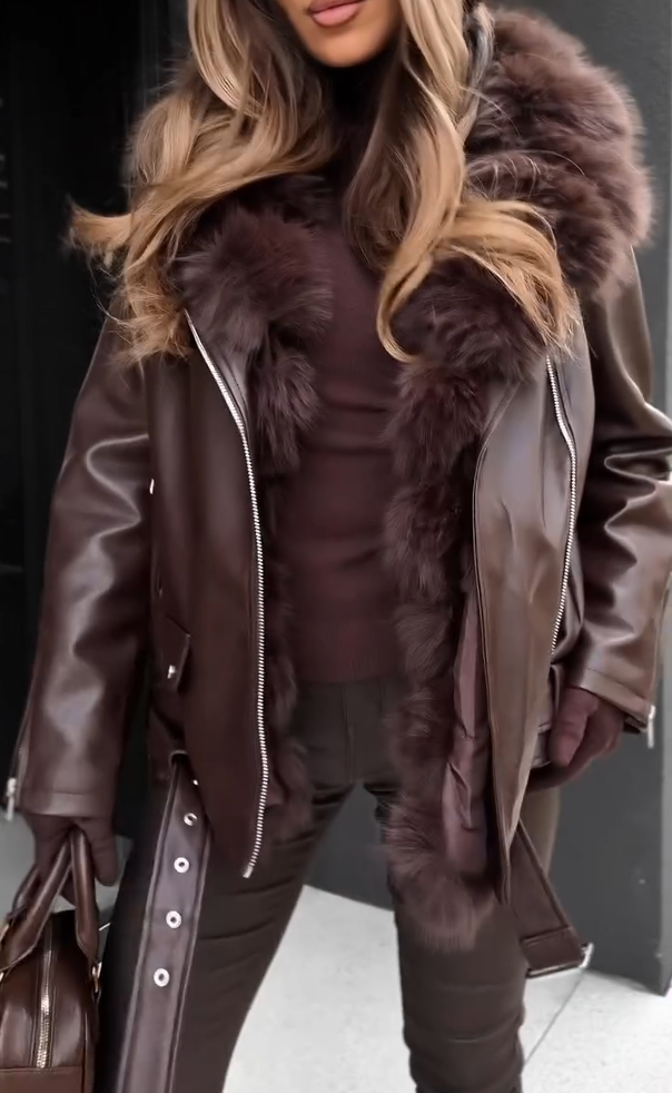 Burgundy Leather Jacket with Plush Collar