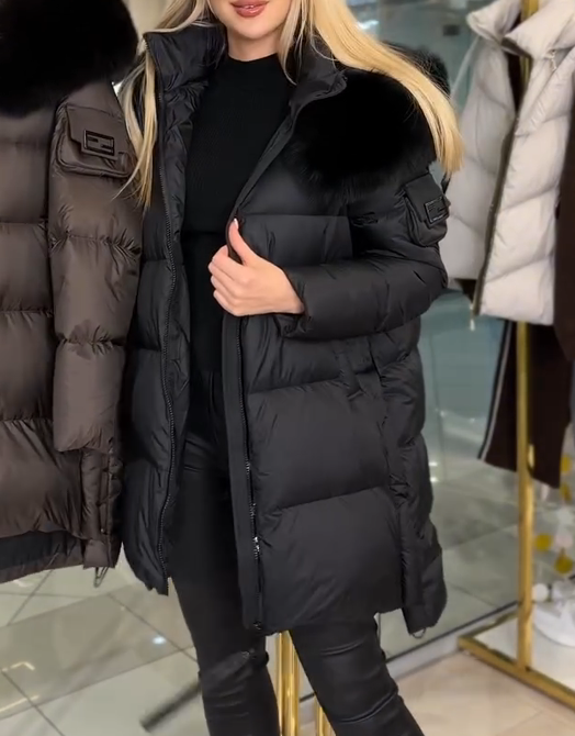 Mid-length Down Jacket with Fur Collar