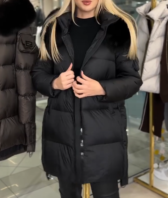 Mid-length Down Jacket with Fur Collar