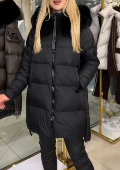Mid-length Down Jacket with Fur Collar