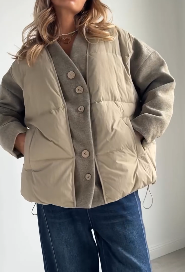 Short Down Jacket with Knitted Faux Two-Piece Design