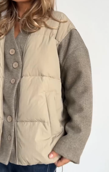 Short Down Jacket with Knitted Faux Two-Piece Design