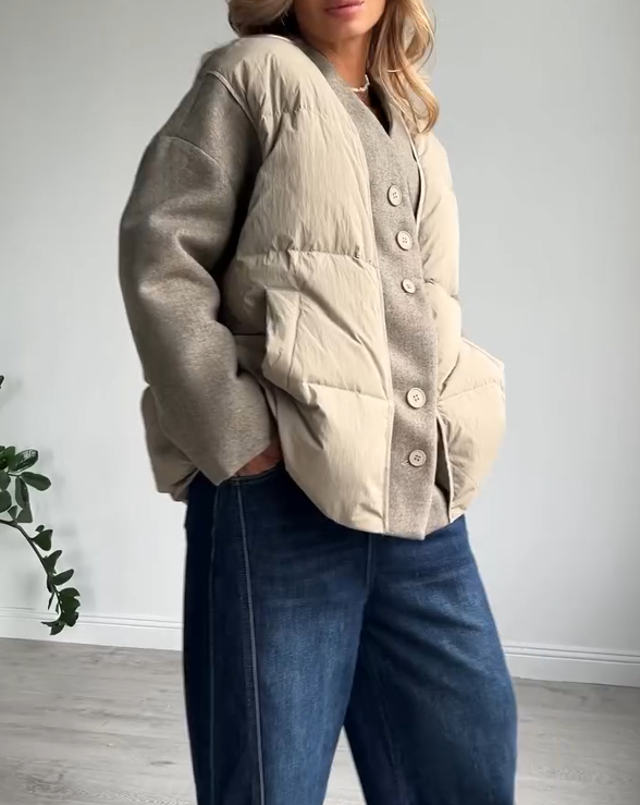 Short Down Jacket with Knitted Faux Two-Piece Design