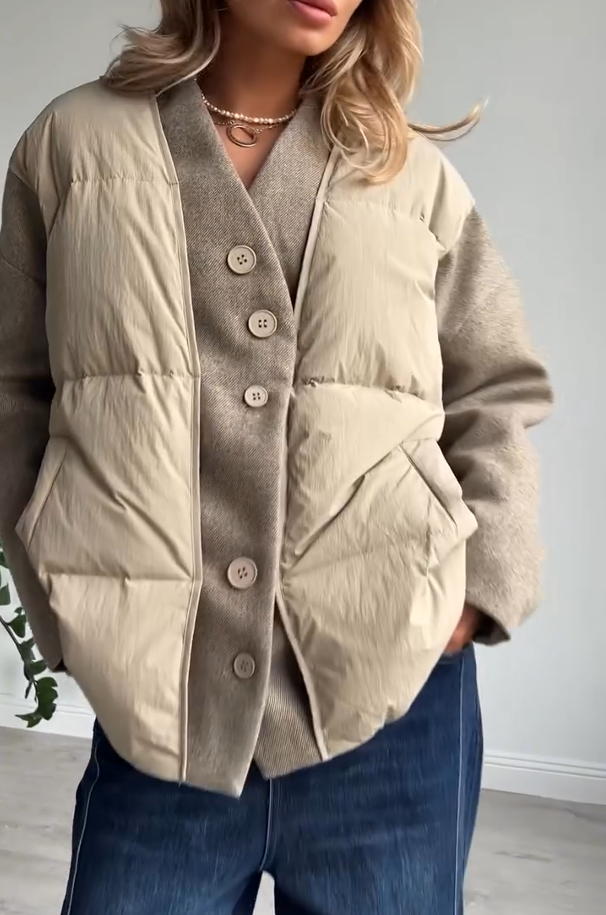 Short Down Jacket with Knitted Faux Two-Piece Design