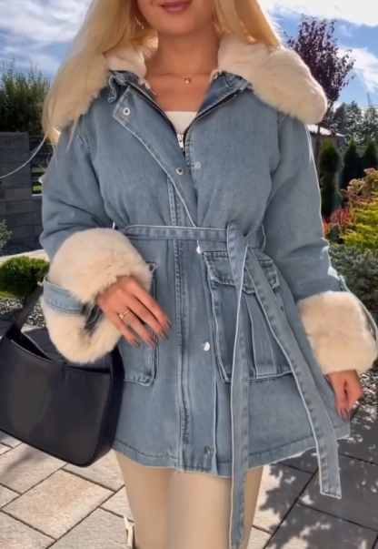 Light Blue Denim Faux Shearling Patchwork Jacket