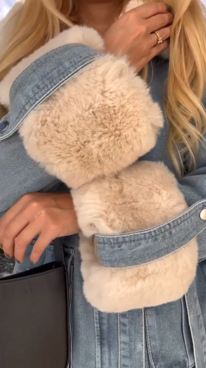 Light Blue Denim Faux Shearling Patchwork Jacket