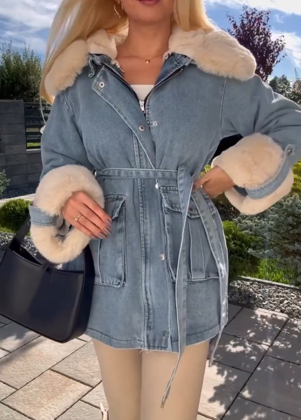 Light Blue Denim Faux Shearling Patchwork Jacket