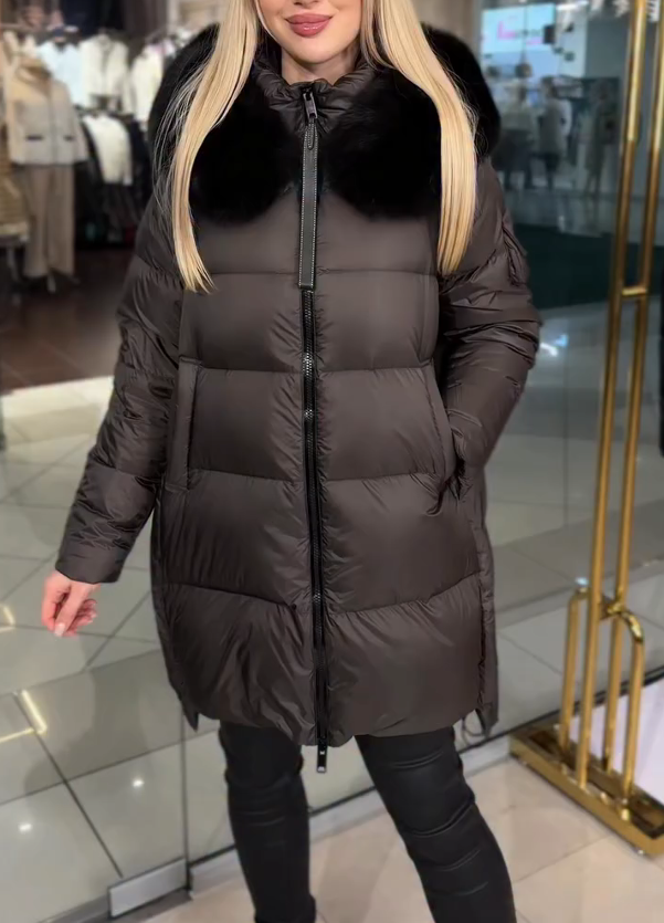 Dark Brown Matte Down Jacket with Black Fleece Collar