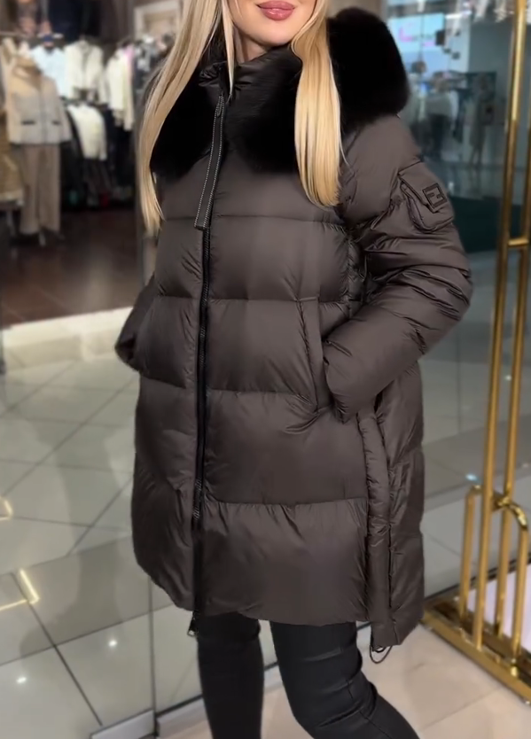 Dark Brown Matte Down Jacket with Black Fleece Collar