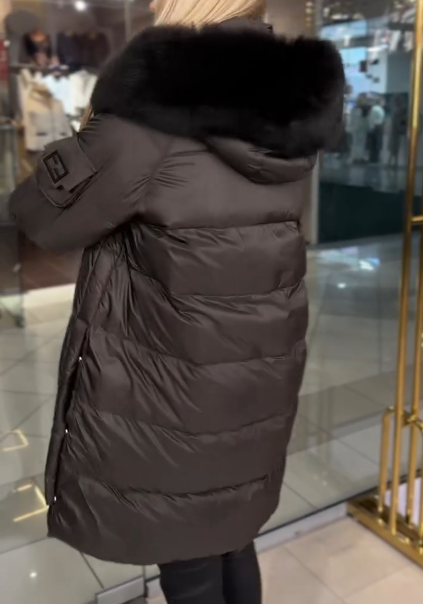 Dark Brown Matte Down Jacket with Black Fleece Collar