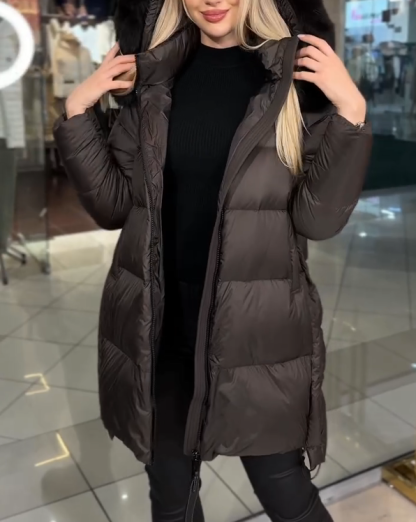 Dark Brown Matte Down Jacket with Black Fleece Collar