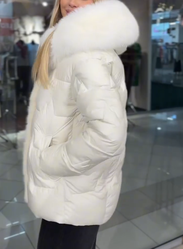 Creamy White 3D Quilted Down Jacket with Double-Layer White Fleece Collar