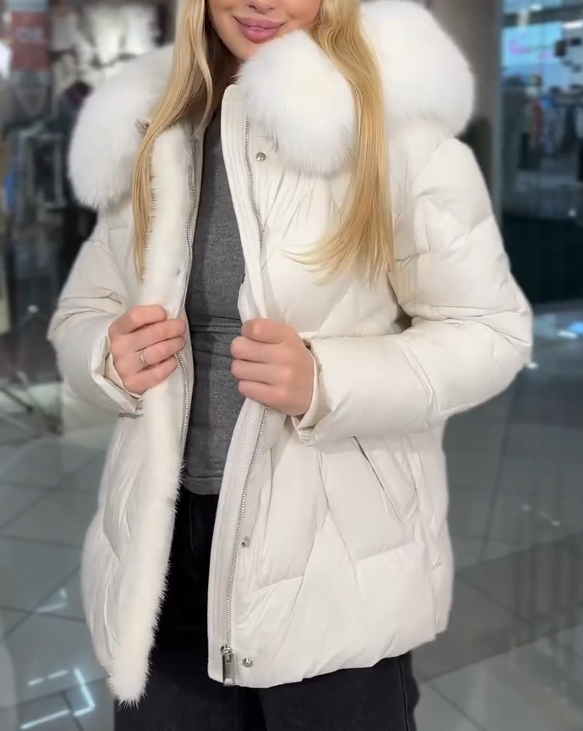 Creamy White 3D Quilted Down Jacket with Double-Layer White Fleece Collar