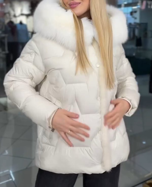 Creamy White 3D Quilted Down Jacket with Double-Layer White Fleece Collar