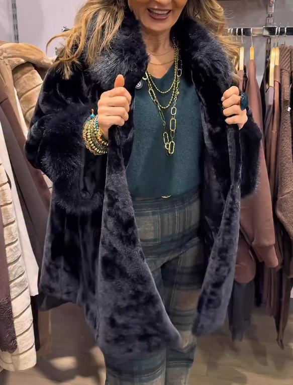 Two-tone plush coat with large fur collar